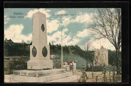 AK Wehlen / Sächs. Schweiz, Kriegerdenkmal und Ruine