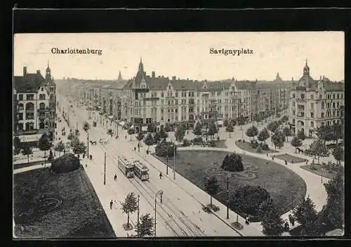 AK Berlin-Charlottenburg, Strassenbahnen am Savignyplatz