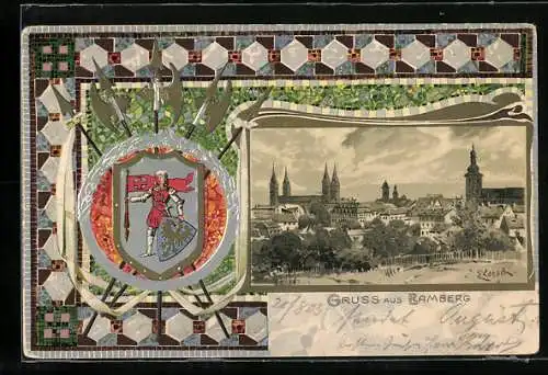 Passepartout-Lithographie Bamberg, Teilansicht mit Kirche, Wappen
