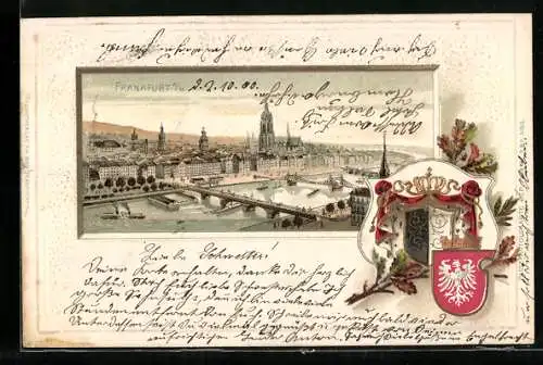 Passepartout-Lithographie Frankfurt, Panorama und Wappen
