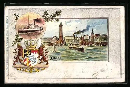 Passepartout-Lithographie Lindau / Bodensee, Partie am Hafen, Dampfschiff, Wappen