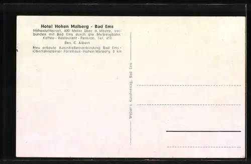 AK Bad Ems, Hotel Hohen Malberg, Malbergbahn