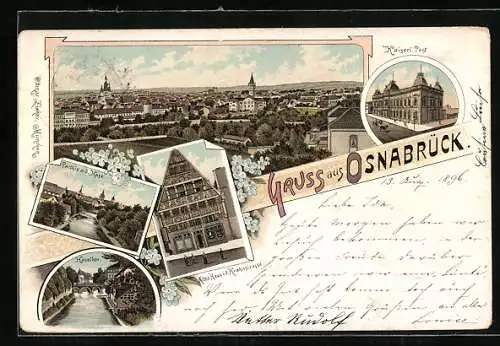 Lithographie Osnabrück, Kaiserl. Post, Hasethor, Altes Haus i. d. Krahnstrasse