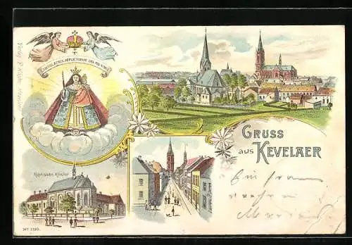 Lithographie Kevelaer, Ortspartie aus der Vogelschau, Klarissen-Kloster, Strassenpartie und Marienbildnis