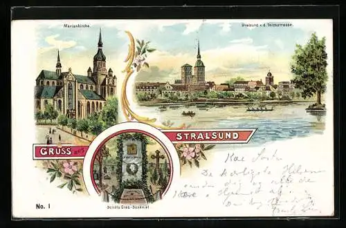 Lithographie Stralsund, Teilansicht von der Teichstrasse, Schills Grab-Denkmal, Marienkirche