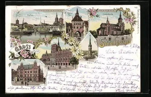 Lithographie Stralsund, Rathaus mit Nikolaikirche, Post, Hafen