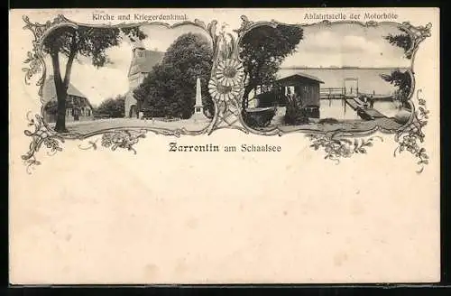 AK Zarrentin am Schaalsee, Kirche und Kriegerdenkmal, Abfahrtstelle der Motorböte
