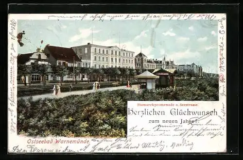 Lithographie Warnemünde, Bismarckpromenade und Seestrasse
