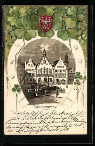 Passepartout-Lithographie Alt-Frankfurt, Römer mit Brunnen, Wappen