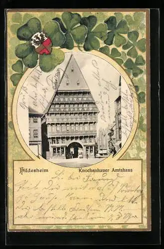 Passepartout-Lithographie Hildesheim, Knochenhauer Amtshaus, Glücksklee, Wappen