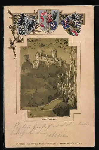 Passepartout-Lithographie Wartburg, Ortsansicht aus der Ferne, Wappen
