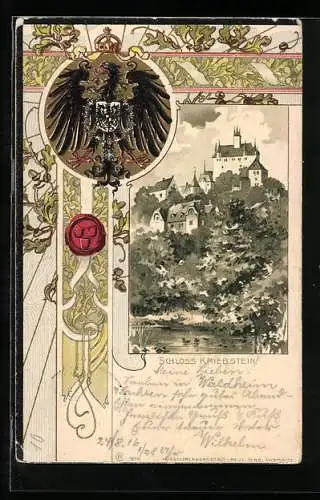 Passepartout-Lithographie Kriebstein, Schloss Kriebstein, Reichswappen, Eichenlaub, Siegel