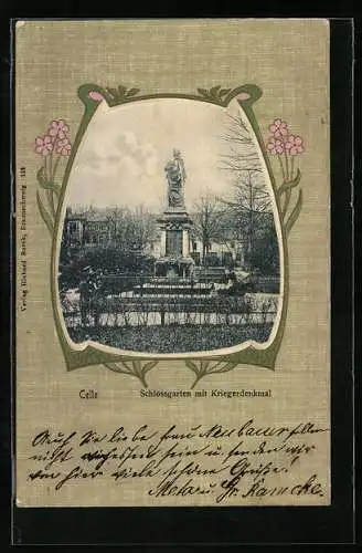 Passepartout-AK Celle, Schlossgarten mit Kriegerdenkmal, Blumen