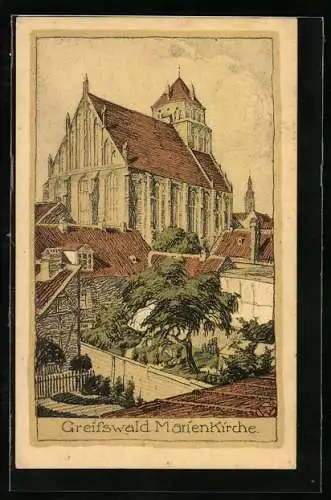 Steindruck-AK Greifswald, Ortspartie mit Marienkirche