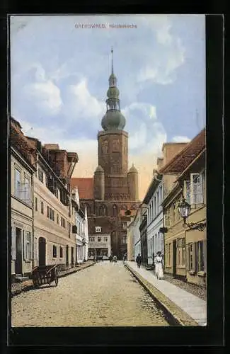 AK Greifswald, Hunnenstrasse mit Nicolaikirche