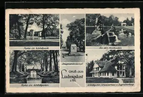 AK Ludwigslust i. M., Schlossgarten, Schweizerhaus u. Jugendherberge, Dragonerdenkmal