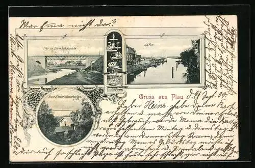 AK Plau, Elbe mit Bahnbrücke, Wasserheilanstalt Bad Stuer, Hafen