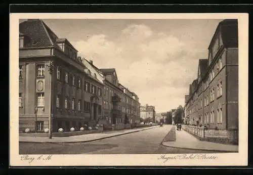 AK Burg b. M., Blick in die August Bebel-Strasse