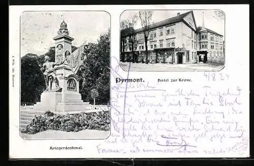 AK Pyrmont, Hotel zur Krone, Kriegerdenkmal