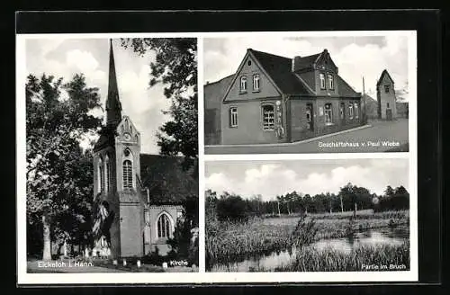 AK Eickeloh i. Hann., Kirche, Geschäftshaus von Paul Wiebe, Partie im Bruch