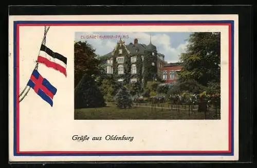 Passepartout-AK Oldenburg / Grossh., Elisabeth-Anna-Palais mit Garten, Fahnen