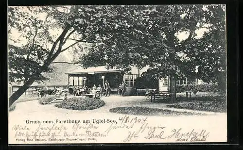 AK Uglei, Gaststätte Forsthaus am Uglei-See, Gartenansicht