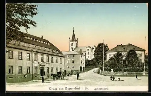 AK Eppendorf /Sa., Albertplatz mit Gasthof und Kirche