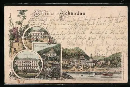 Lithographie Schandau, Hotel zum Bad, Ortsansicht, Schlossbastei