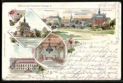 Lithographie Halle a. S., Höhere Töchterschule früher und jetzt, Aula d. höh. Töchterschule, Realgymnasium, Krankenhaus