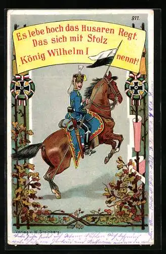 Lithographie Husar zu Pferde, Regiment König Wilhelm I., Eisernes Kreuz im Ehrenkranz