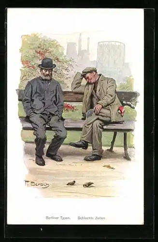 Künstler-AK sign. F. Bersch: Schlechte Zeiten, Herren sitzen in Berlin auf einer Parkbank