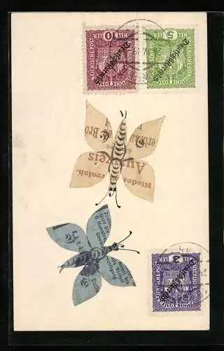 AK Schmetterlinge aus Lebensmittel-Bezugskarten, Briefmarken, Collage