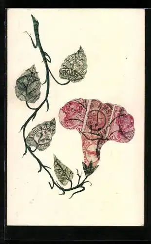 AK Blume mit Blättern, Briefmarkencollage