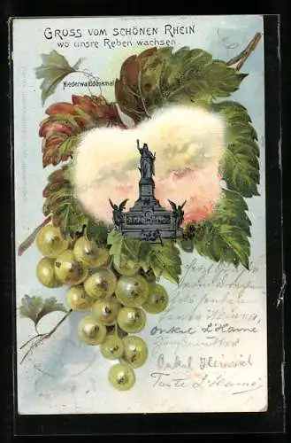 Passepartout-Lithographie Niederwald, Spitze des Nationaldenkmals, Weinblatt