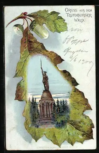 Passepartout-Lithographie Teutoburger Wald, Hermannstatue in einem Eichenblatt