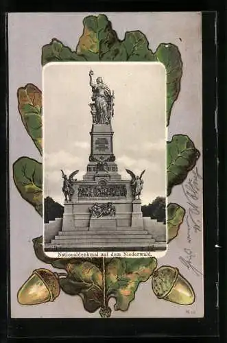 Passepartout-Lithographie Niederwald-Nationaldenkmal, Eichenblatt mit Eicheln