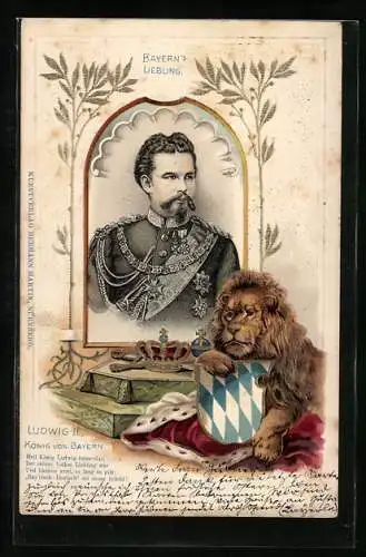AK Ludwig II. König von Bayern und Löwe mit Wappen
