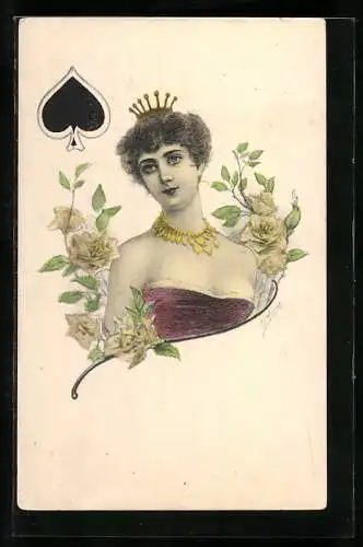 AK Piksymbol mit bekrönter Dame und Rosen
