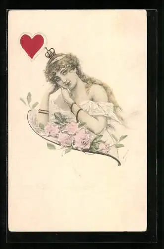 AK Herzdame mit Krone und Blumen, rotes Herz, Kartensymbol