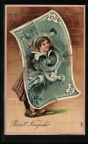 Präge-Lithographie Mädchen in Holzschuhen steckt den Kopf durch einen Geldschein, Neujahrsgruss