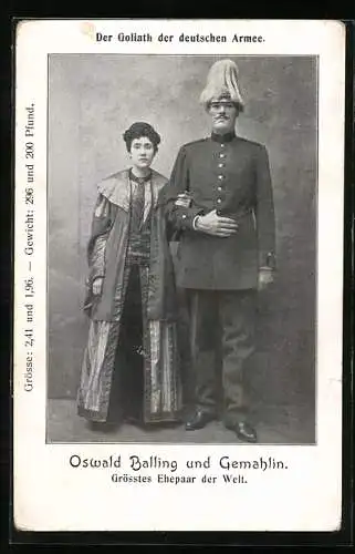 AK Riese Oswald Balling, mit seiner Gemahlin, das grösste Ehepaar der Welt, Der Goliath der deutschen Armee