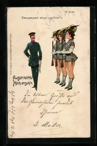 Künstler-AK Bruno Bürger & Ottillie Nr. 6092: Traumbilder eines Leutnant's., weibliche Soldatinnen in knapper Uniform