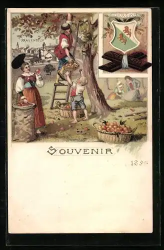 Lithographie Frauenfeld, Familie pflückt Äpfel, Reklame für Suchard Chocolade, Wappen