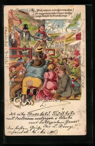 Lithographie Volksfest, Mechanisches Theater, Das Fischweib, Die Seeschlange, Mann fasst Frau an den Hintern