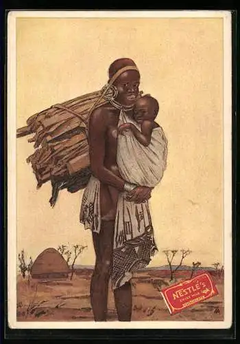 Künstler-AK Reklame für Nestlé-Schokolade, Afrikanische Frau mit Kind
