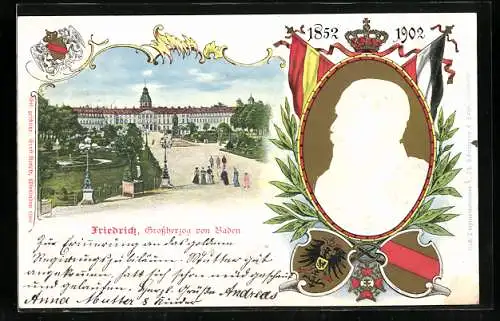 AK Karlsruhe, Grossherzog Friedrich von Baden, 1852-1902, Wappen und Flaggen, Residenzschloss