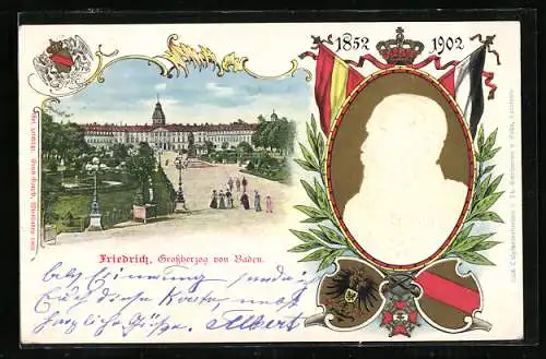 AK Karlsruhe, Grossherzog Friedrich von Baden, 1852-1902, Wappen und Flaggen, Residenzschloss