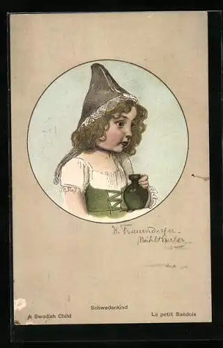 AK Schwedische Frau in Tracht mit Krug
