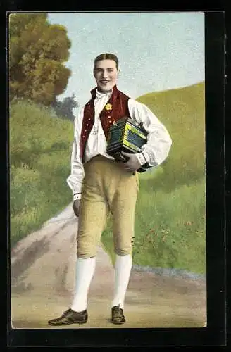 AK Schwede in Tracht mit Ziehharmonika