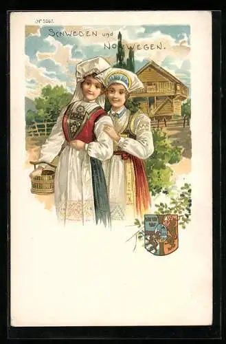 AK Schweden /Norwegen, Zwei junge Mädchen in Trachten, Wappen